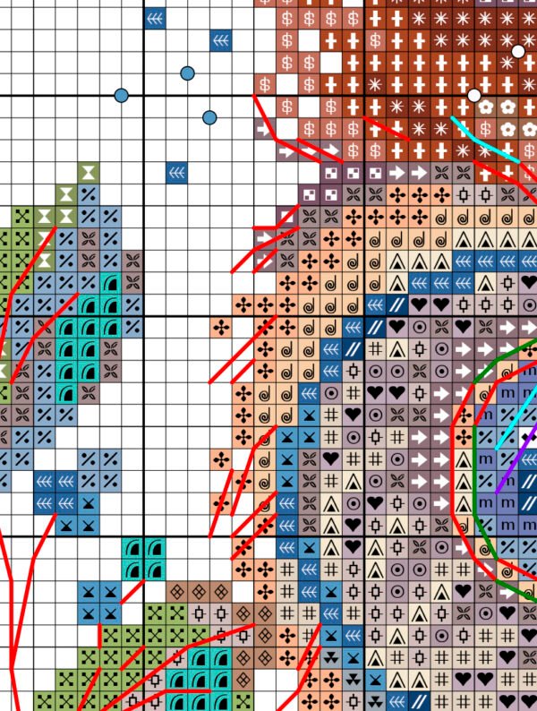 Без имени-1 Cross stitch chart fragment showing the owl’s eye and autumn details from the Bookworm Owl pattern.