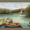 подпись Summer lake cross stitch pattern in a wooden frame with a pier, a small boat, and calm nature colors.