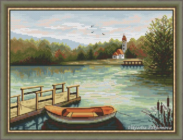 подпись Summer lake cross stitch pattern in a wooden frame with a pier, a small boat, and calm nature colors.