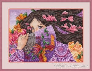 Female with fan cross stitch embroidery framed – phoenix bird floral design