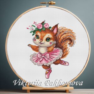 Dancing squirrel cross stitch pattern with pink tutu and floral crown in woodland style.