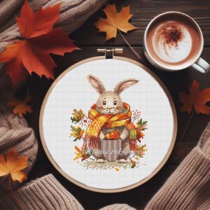 Autumn bunny cross stitch pattern in embroidery hoop with cozy scarf and fall leaves