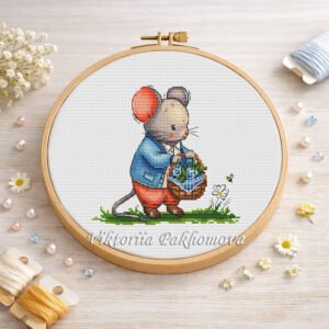 Cottagecore Mouse with Berry Basket Cross Stitch Pattern, Woodland Baby Animal and Bee Embroidery for Nursery, PDF