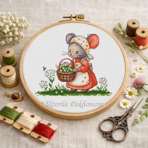 Cottagecore Mouse with Daisy Basket Cross Stitch Pattern, Woodland Baby Animal Floral and Bee Embroidery for Nursery, PDF
