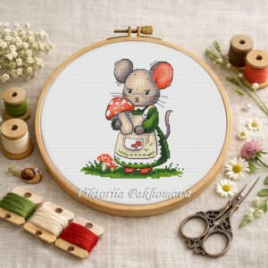 Cottagecore mouse with red amanita mushroom cross stitch pattern in a wooden hoop, surrounded by threads and flowers.