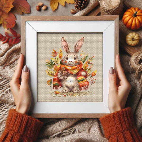 36 Autumn bunny cross stitch pattern in a wooden frame, woodland rabbit with a basket of mushrooms and autumn leaves