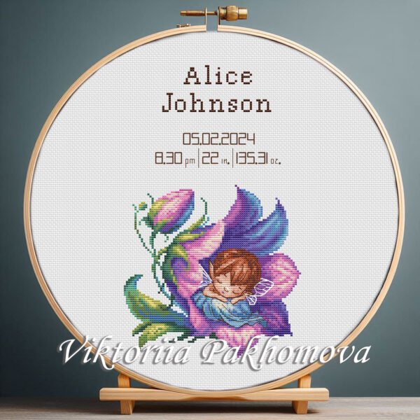 Baby Fairy Cross Stitch Pattern – Newborn Girl Custom Metric Stats (PDF)