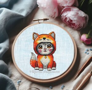 Baby cat cross stitch pattern with kitten in fox costume displayed in wooden hoop for nursery decor.