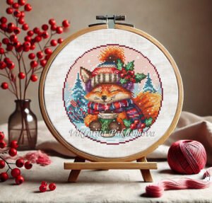Baby fox cross stitch pattern in hoop – winter woodland animal with hat, scarf, and holly berries