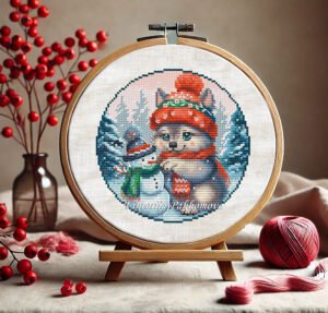 Baby husky cross stitch pattern in hoop – winter puppy with snowman, colorful hat and scarf, surrounded by snowy trees
