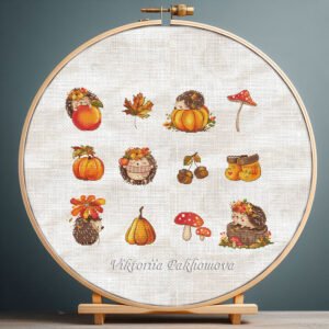 Autumn hedgehogs cross stitch pattern in hoop – maple leaves and mushrooms embroidery