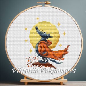 Wolf and moon cross stitch pattern in hoop – whimsical woodland embroidery with orange cloak and glowing moon