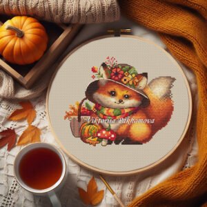 Autumn fox cross stitch pattern in hoop – cottagecore fox with hat, pumpkin, and mushroom