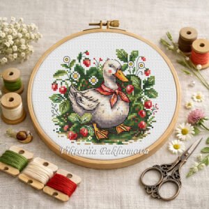 Strawberry garden duck cross stitch pattern displayed in wooden hoop, featuring cute duck with red scarf surrounded by strawberries and green leaves, cottagecore embroidery design.