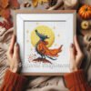 Framed wolf cross stitch design – colorful fantasy embroidery with moonlight background
