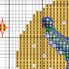 Close‑up of wolf and moon cross stitch chart fragment – detailed stitches and warm colors