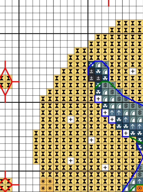 Close‑up of wolf and moon cross stitch chart fragment – detailed stitches and warm colors
